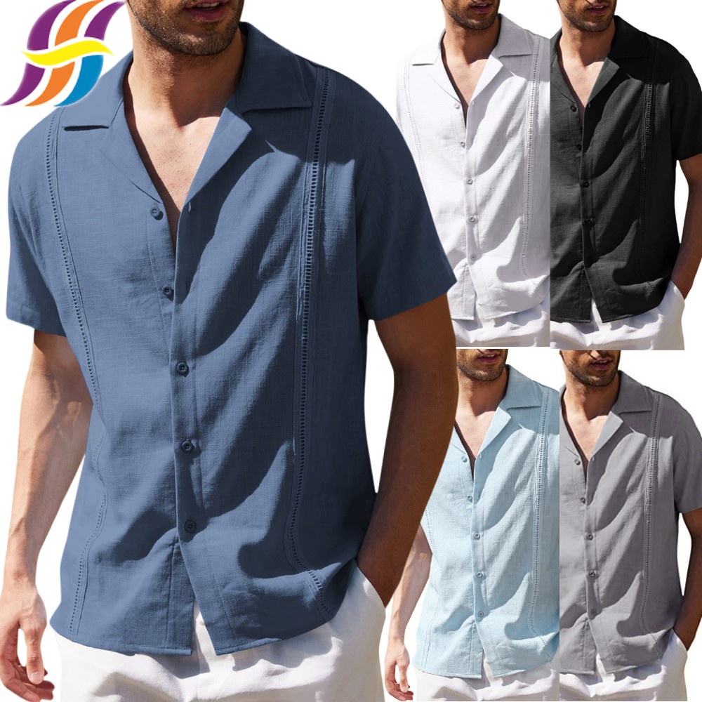 WINDEHAO Camisa casual de lino de manga corta para hombre,Blusa de guayabella con bolsillo superior de playa cubana,Camisas de playa con botones 