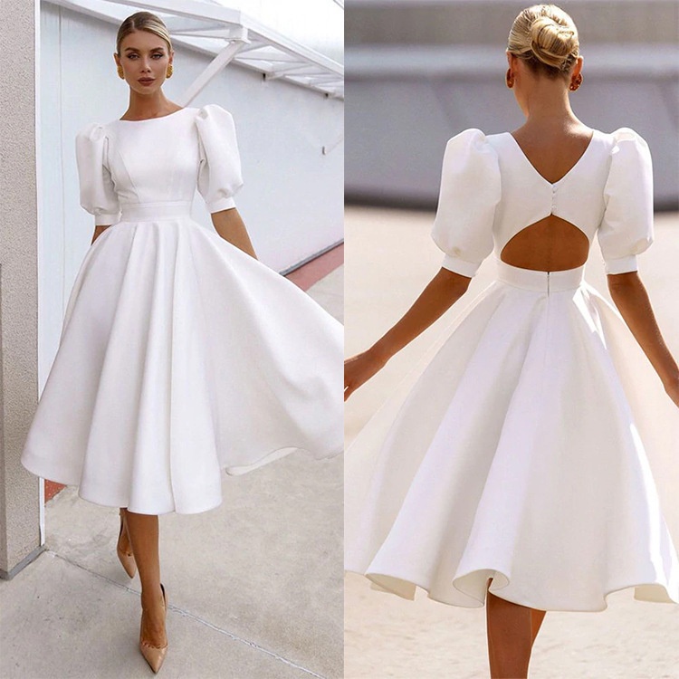 Banquete Reina Estilo Blanco Elegante Color Sólido Midi Vestido De Fiesta Sin Las Mujeres | Shopee Chile