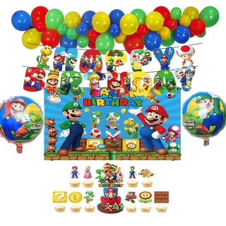 Decoraciones de Fiesta Temáticas de Super Mario Contiene Globos de aluminio Globos de Fiesta de Cumpleaños para Niños de Super Mario pancartas Decoraciones de Cumpleaños de Super Mario 