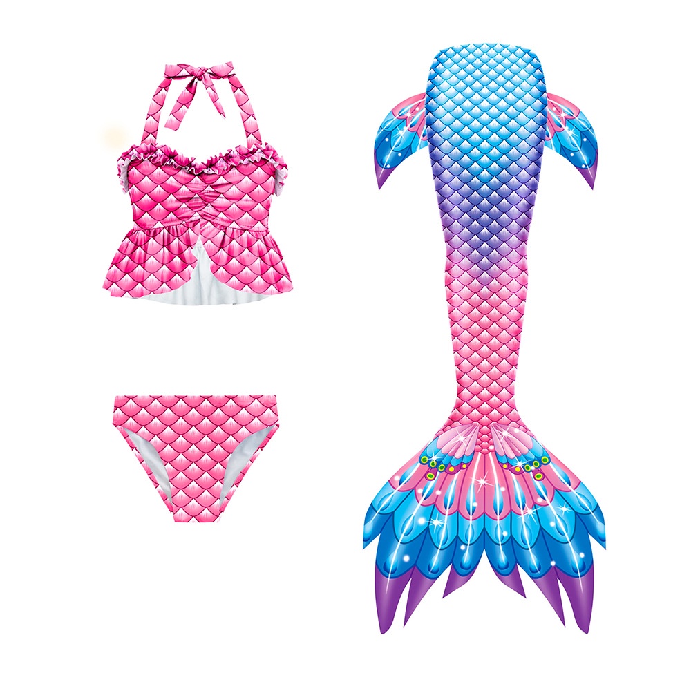 Traje de Baño Niña Cola de Sirena Cosplay Mermaid Bikini de Baño Conjuntos Set 4 Piezas 