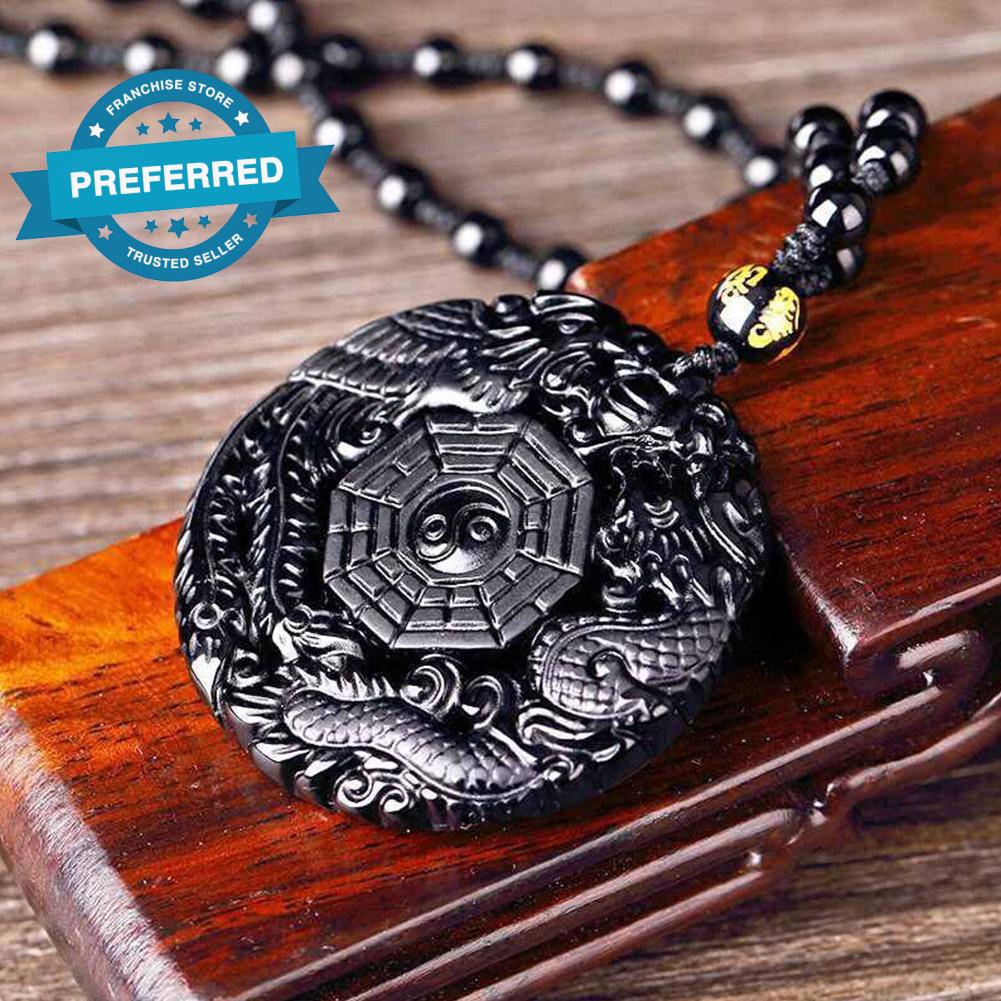 Natural Negro Obsidiana mano tallada dragon Phoenix suerte Amuleto Colgante Collar 