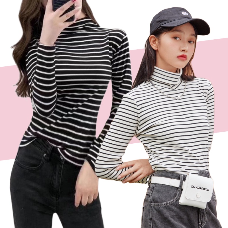 Nueva Ropa De Mujer Estilo Coreano Slim Fit Rayas Adelgazantes Cuello Alto  Polera De Manga Larga | Shopee Chile