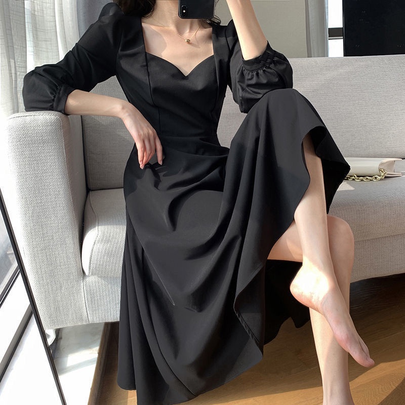 Vestido Negro Largo A Cuello V Almohadas Hepburn Retro Moda Otoño Para Mujer 2021S Shopee Chile
