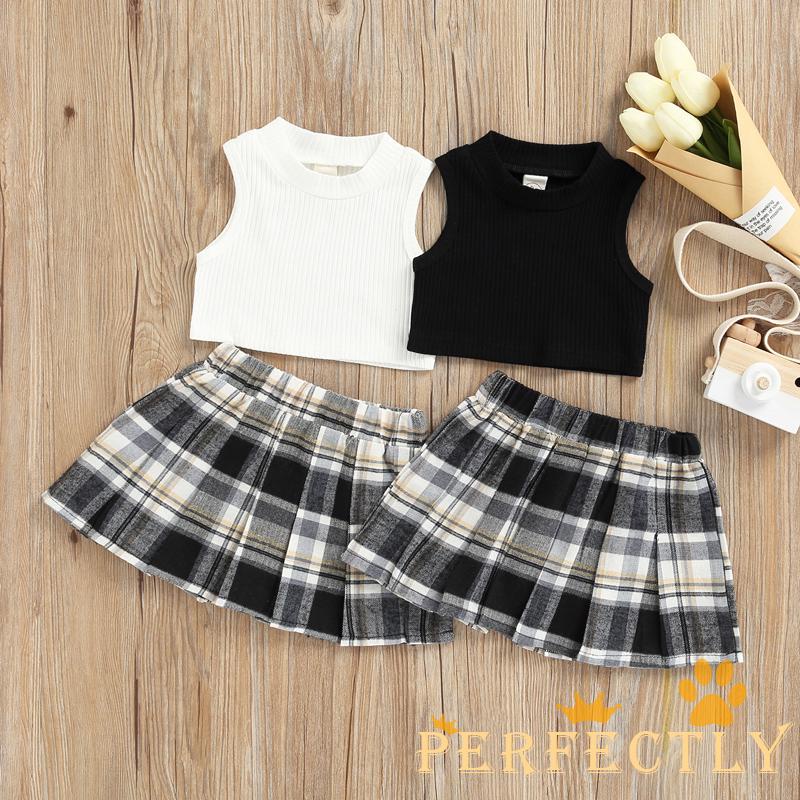 PFT-Kid Girl Fashion Outfits Set , Color Sólido Acanalado Sin Mangas Tank  Tops + Cintura Elástica Contraste A Cuadros Falda Plisada | Shopee Chile