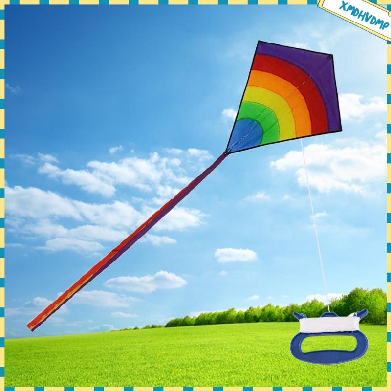 Large Rainbow Kite for Kids and Adults Easy to Fly with Blue Handle Hook & Line 
