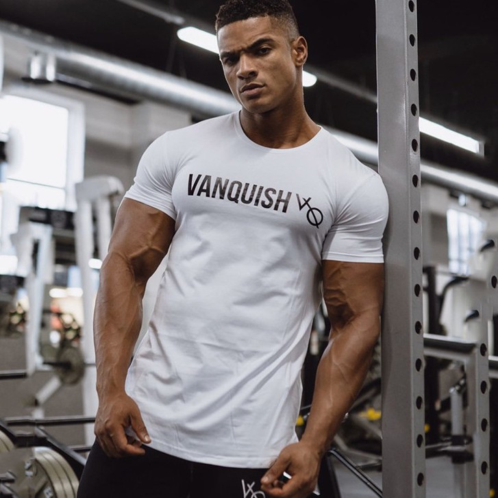 Para Hombre Malla Gimnasio Músculo Culturismo Entrenamiento Vanquish fitness de manga corta Camiseta 