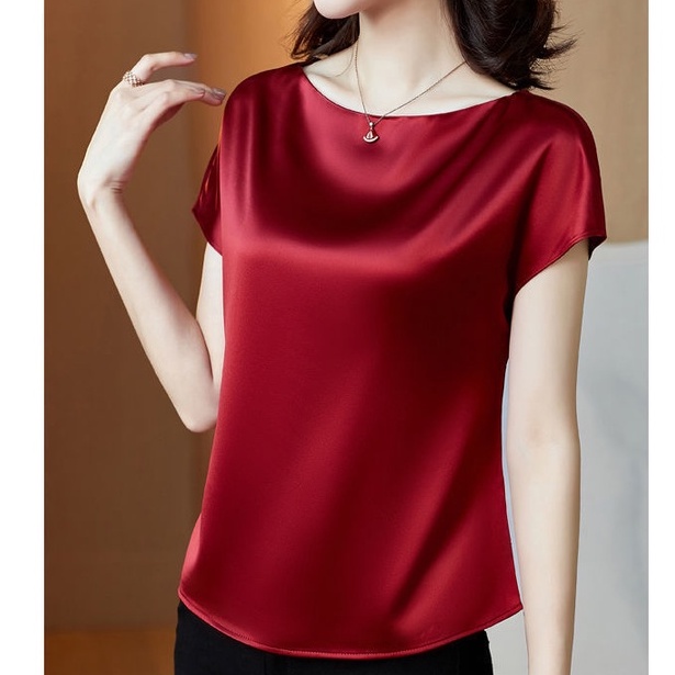 Blusa De Satén Para Mujer Camiseta De Cuello Redondo , Elegante Camisa Lisa Para Oficina , Señora | Shopee Chile