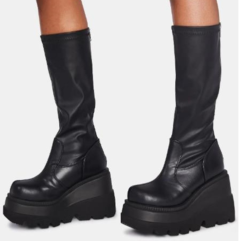 mujeres harajuku estilo plataforma tacón grueso botas de cuero negro punk botas altas | Shopee