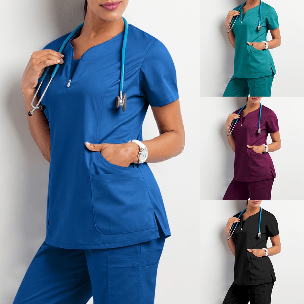 ganale enfermera top cuello en v bolsillos suave manga corta antiarrugas suelto doctor uniforme ropa de trabajo | Chile