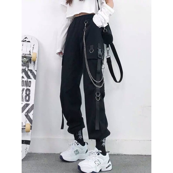 Pantalones De Carga De Cintura Alta Mujer/Jogger/Moda Punk Harajuku Streetwear Sueltos Con Cadena | Shopee Chile