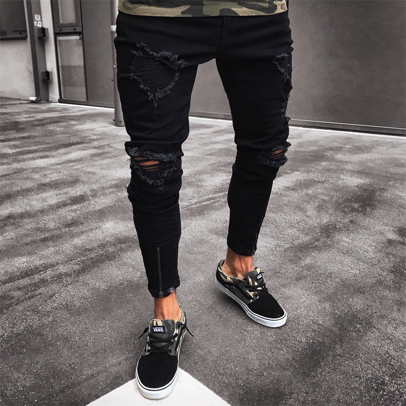 Mens Cool Diseñador Negro Jeans Flaco Rasgado Destruido Estiramiento Slim Fit Hop Pantalones Con Agujeros Para | Shopee Chile
