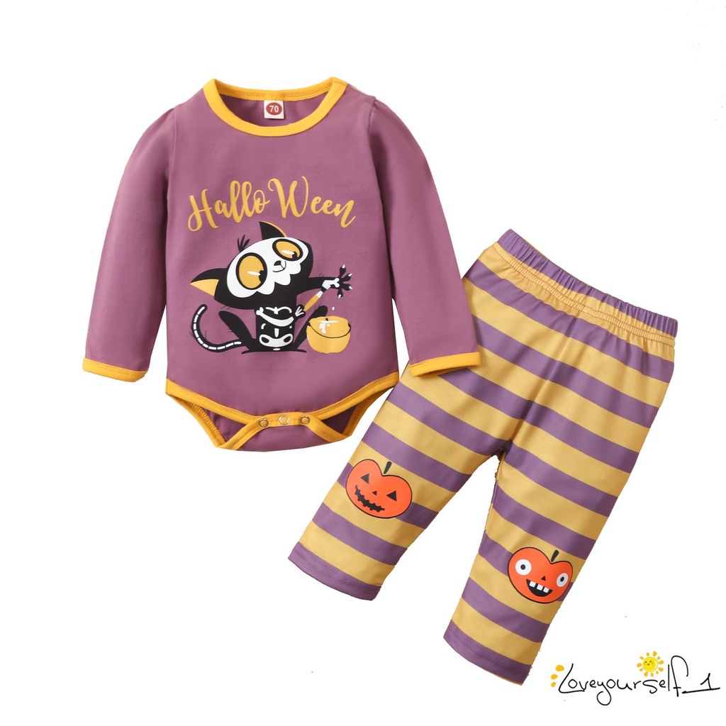 Loveq Ropa De Bebe De Dos Piezas De Dibujos Animados De Halloween Impresion De Manga Larga Mameluco Y Rayas Pantalones Largos Shopee Chile