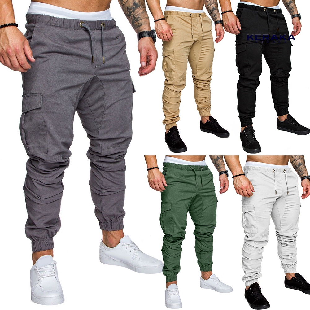 Para Hombres Pantalones informales de color sólido Multi-Bolsillos apretados pantalones para hacer ejercicio 