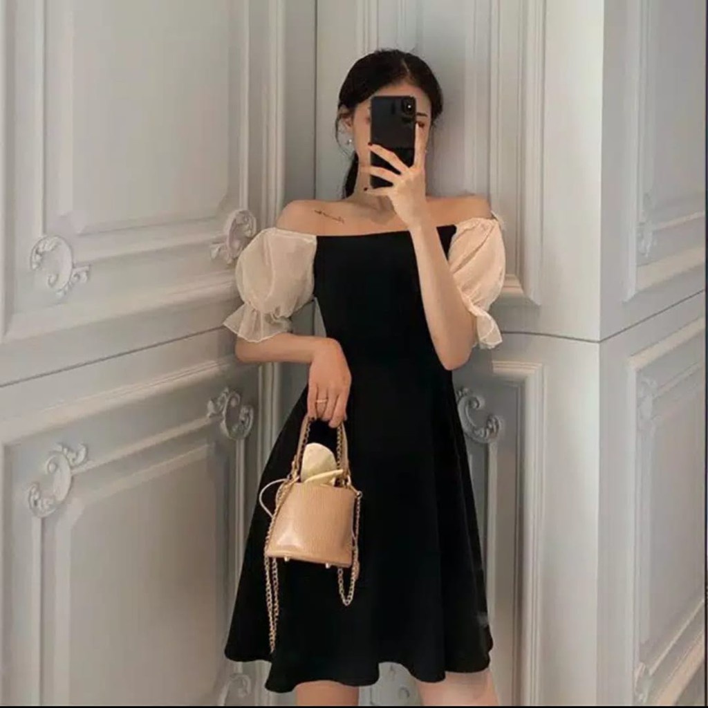 Fanstore_pku -/Sabrina Mini vestido/2 en 1/XL/hombro frío mujeres/vestidos  negros lisos/estilo coreano/PEKANBARU | Shopee Chile