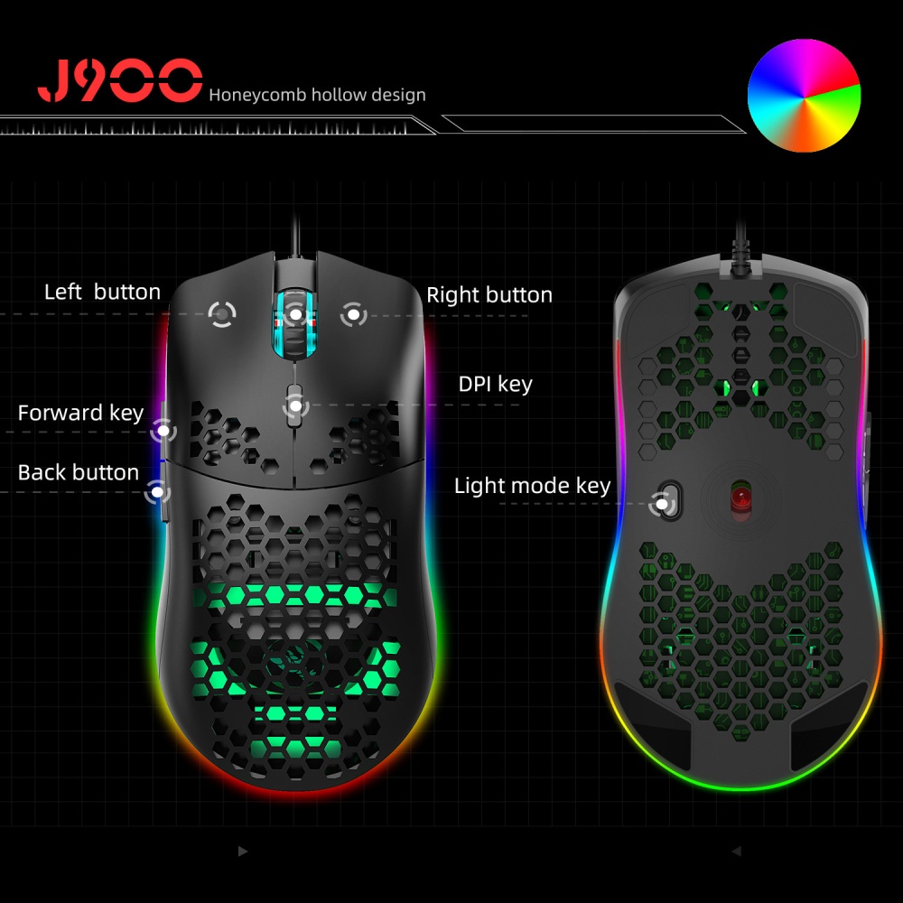Hxsj J900 Usb Wired Gaming Mouse Rgb Gamer Mouses With Six Adjustable Dpi Honeycomb Hollow Ergonomic Design For Desktop Timeless Shopee Chile