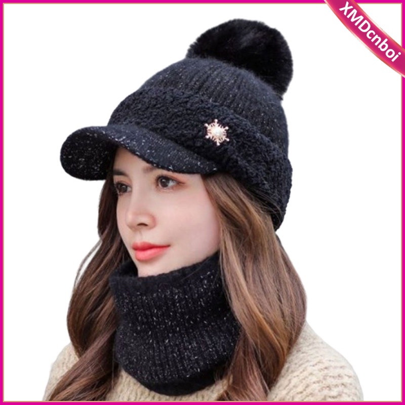 GRNSHTS Women Winter Beanie Hats One-Piece Fleece Lined Knit Balaclavas Mask Set Skull Neck Circle Scarf Ski Snow Hat Cap With Pompom A Pink