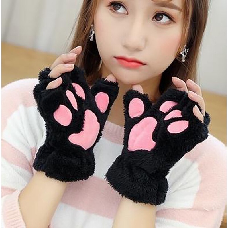 joyliveCY Invierno precioso oso de gato garra de la pata de la pata guantes de felpa guantes de mujer media cubierta guantes femeninos