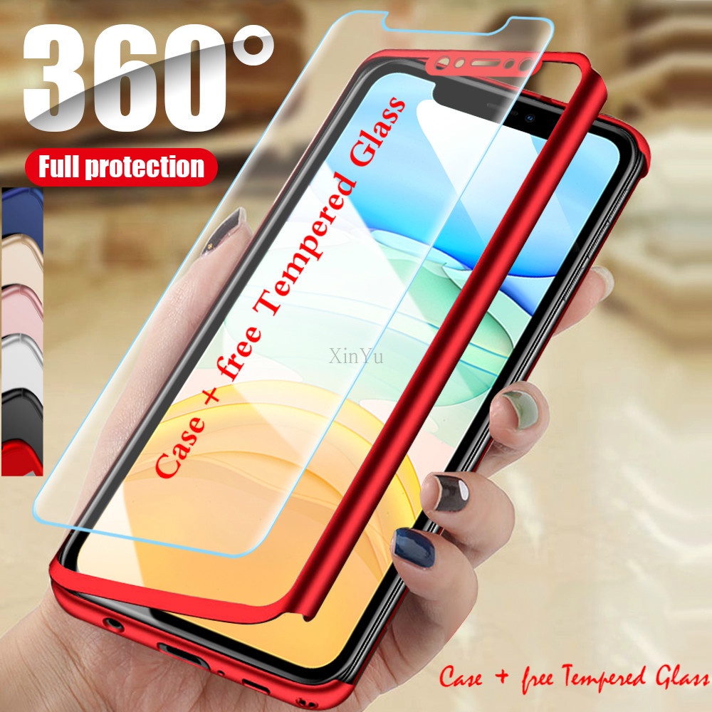 Para Huawei Y6 Y7 2018 360 ° PC duro caso cubierta ultra delgada de cristal templado Gratis 
