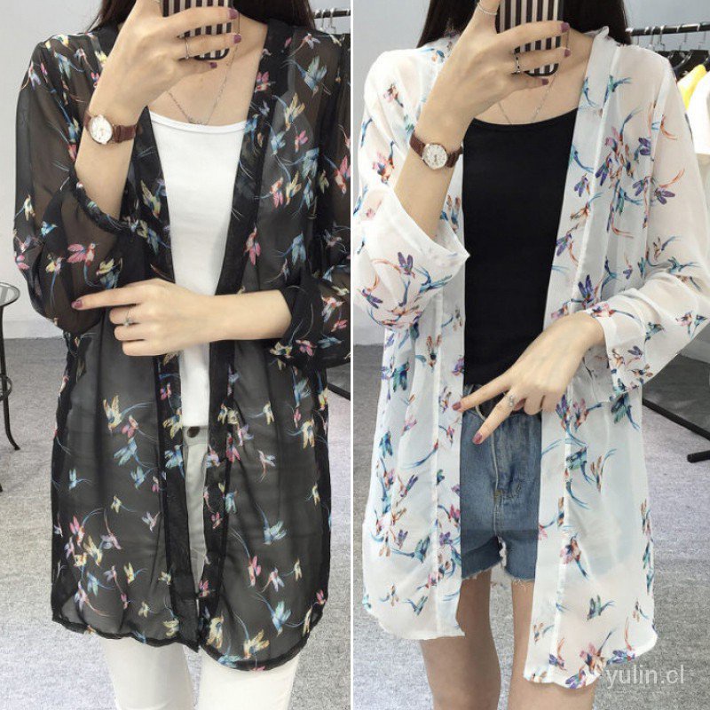 Mujer gasa cardigan largo blusa de manga corta protector solar cárdigan delgado 