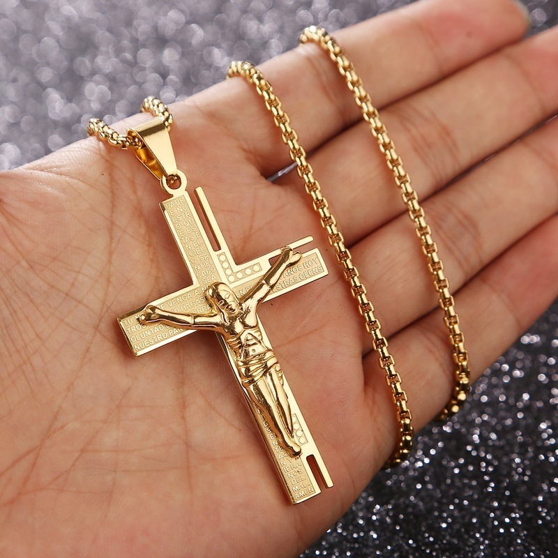 Grande Oro Colgante de Jesucristo Crucifijo Cruz con Zirconia Cúbica Acero Inoxidable Collar de Hombre Mujer Cadena Cuerda 75CM 