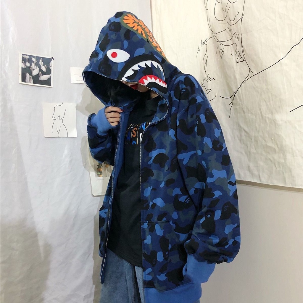 Sudaderas con capucha sueltas Unisex Shark Head-Camuflaje Azul 
