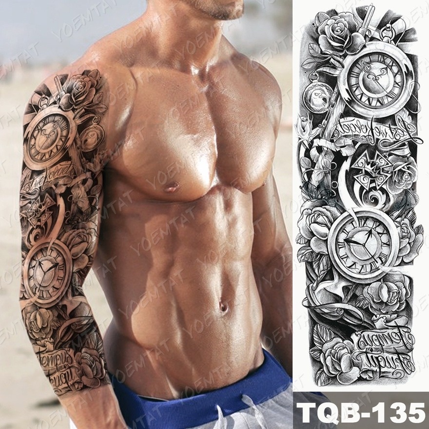 Gran Brazo Manga Tatuaje Reloj Rosa Cruz Dragón Impermeable Temporal Tatto  Pegatina De Poker León Cuerpo Arte Completo Falso Mujeres Hombres Descuento  | Shopee Chile