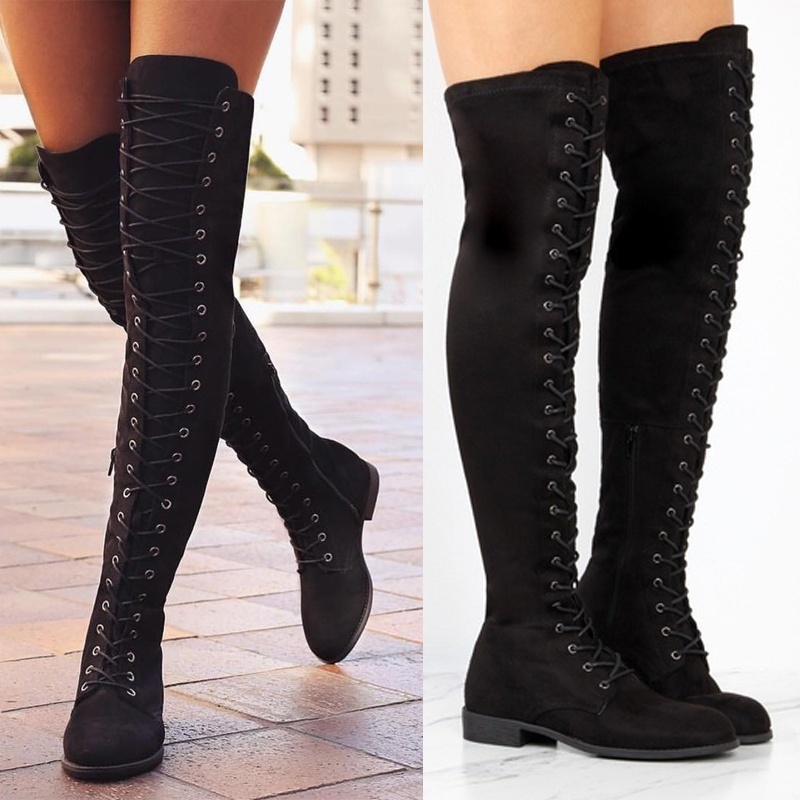 Las Mujeres De Tacón Bajo Botas Largas Sobre La Rodilla De Encaje Hasta El  Muslo Altas Pisos Zapatos | Shopee Chile