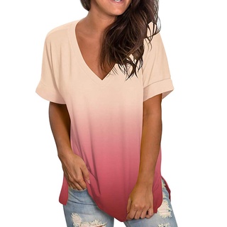 Camiseta de manga corta suelta holgada Blusa con cuello en V degradado para mujer 