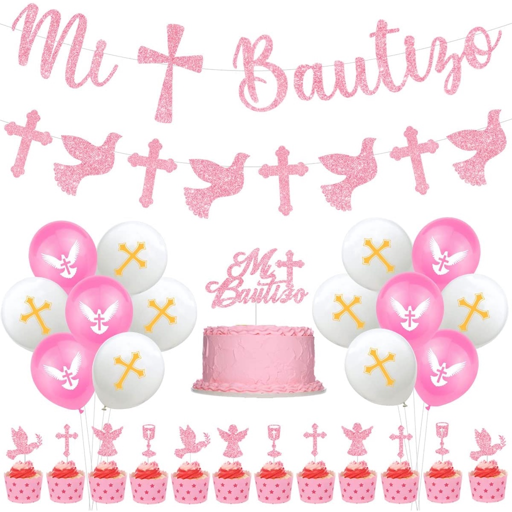 JOYMEMO Pink Blue Mi Bautizo Decoraciones Bandera Guirnalda Pastel Cupcake  Topper Cross Globos Para Niñas Bautismo Primera Comunión Dios Bendiga De  Fiesta Conjunto | Shopee Chile