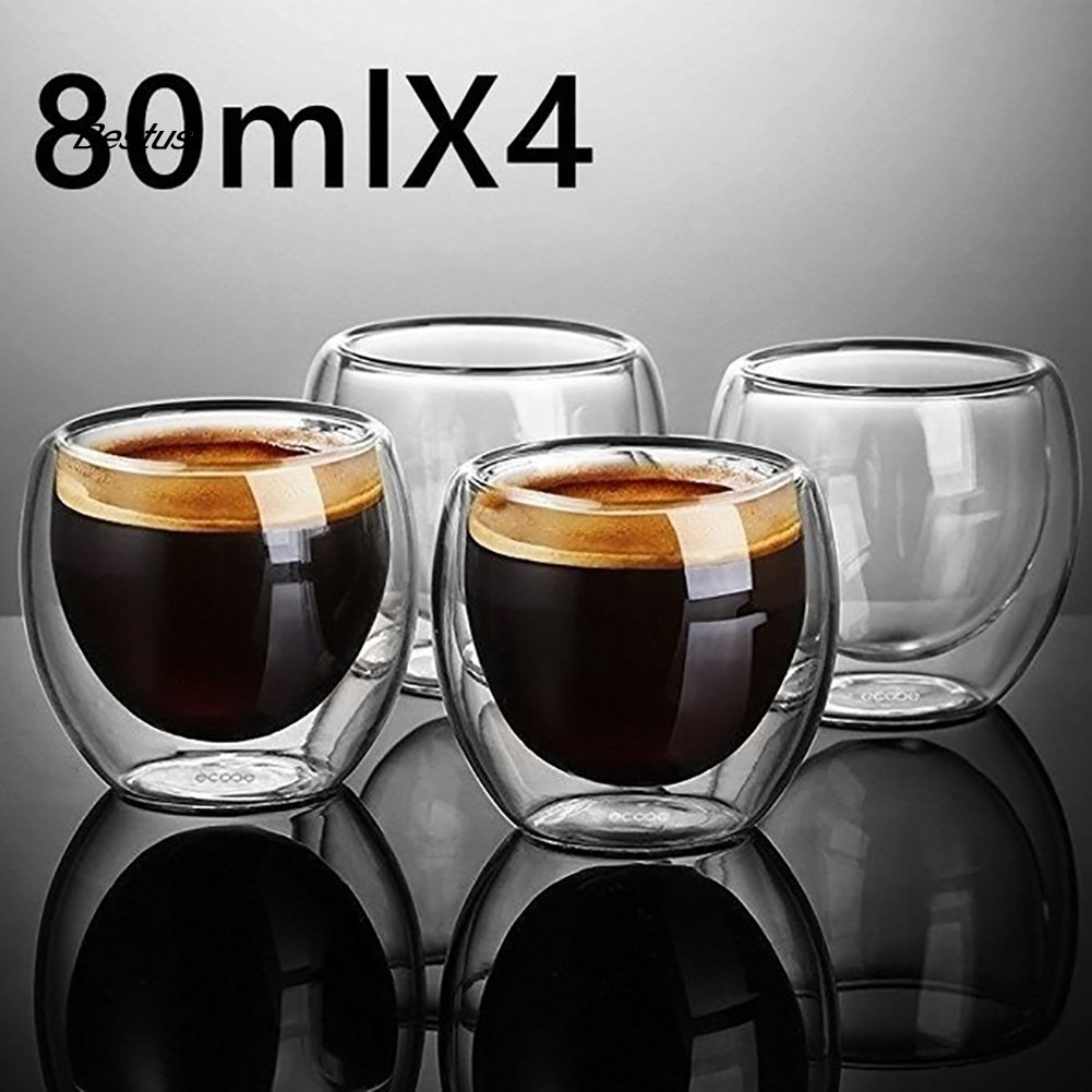 Apto para lavavajillas Cappuccino espresso jugo Latte Tazas cafe de doble pared 80ml Juego de 2 tazas de café té vidrio para bebidas frías y calientes 