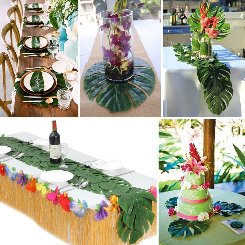 hojas artificiales para arreglos florales Volwco 60 hojas de palma y flores de hibisco hojas de palmera tropical decoración de fiesta hawaiana decoración de mesa Luau Party Jungle Beach 
