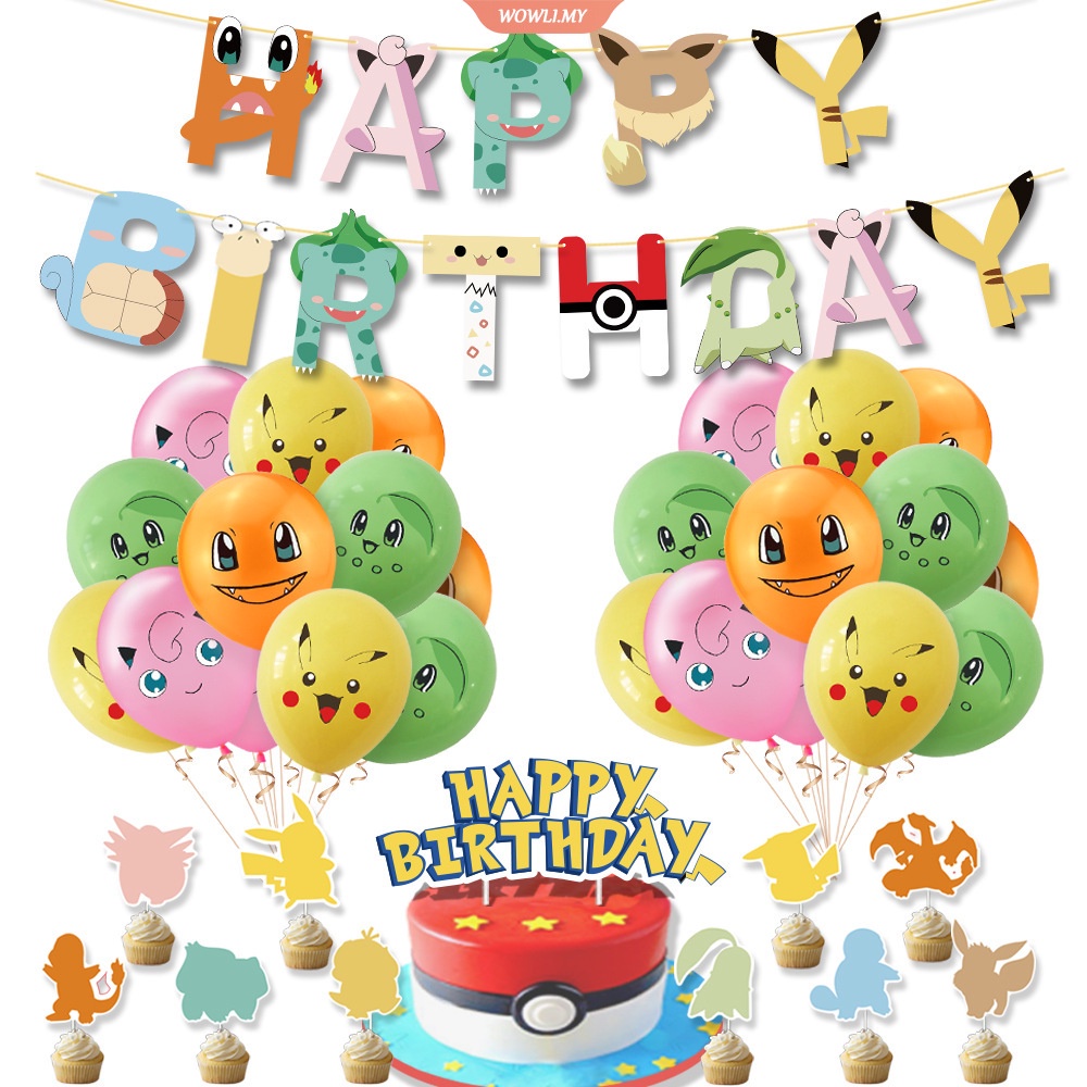 smileh Decoraciones de Fiesta Cumpleaños Pokémon Globos Pancarta de Feliz Cumpleaños Decoración de Tartas Adornos de Remolinos Colgantes para Niños Pikachu Cumpleaños Fiesta Decoración 